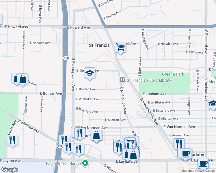 map of restaurants, bars, coffee shops, grocery stores, and more near 4220 South Vermont Court in Saint Francis