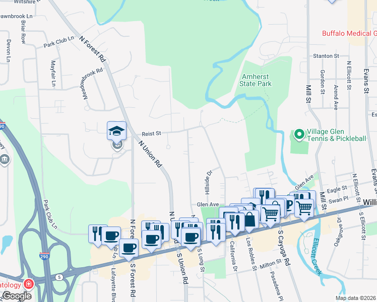 map of restaurants, bars, coffee shops, grocery stores, and more near 200 North Long Street in Buffalo