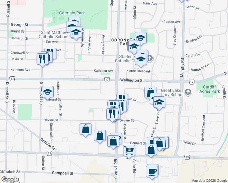 map of restaurants, bars, coffee shops, grocery stores, and more near 301 Indian Road South in Sarnia