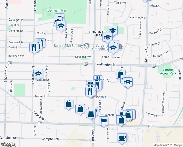 map of restaurants, bars, coffee shops, grocery stores, and more near 911 Wellington Street in Sarnia