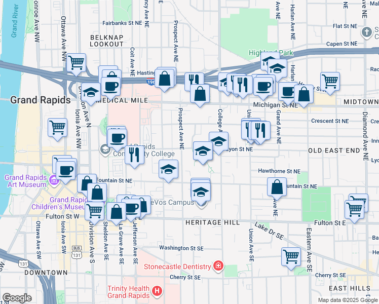 map of restaurants, bars, coffee shops, grocery stores, and more near 425 Lyon Street Northeast in Grand Rapids