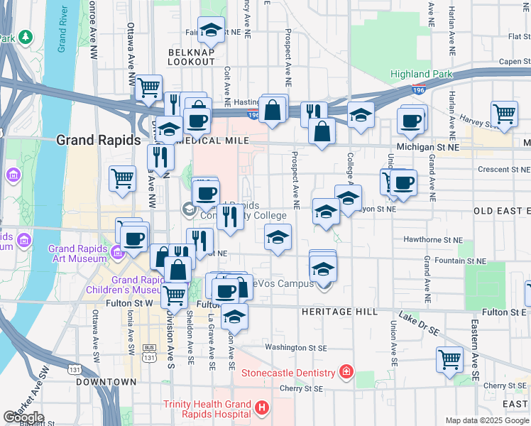 map of restaurants, bars, coffee shops, grocery stores, and more near 201 Lafayette Avenue Northeast in Grand Rapids