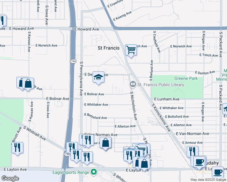 map of restaurants, bars, coffee shops, grocery stores, and more near 4220 South Vermont Court in Saint Francis