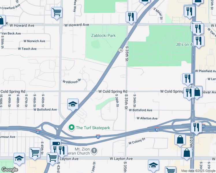 map of restaurants, bars, coffee shops, grocery stores, and more near 4223 Ridgewood Lane in Greenfield