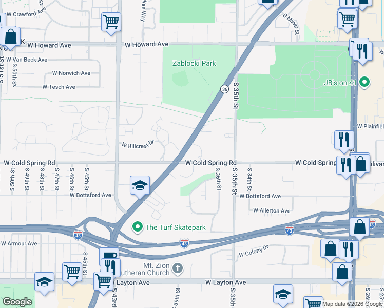 map of restaurants, bars, coffee shops, grocery stores, and more near 4229 South Ridgewood Lane in Greenfield