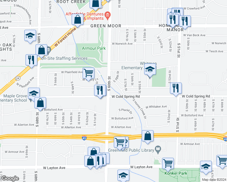 map of restaurants, bars, coffee shops, grocery stores, and more near in Greenfield