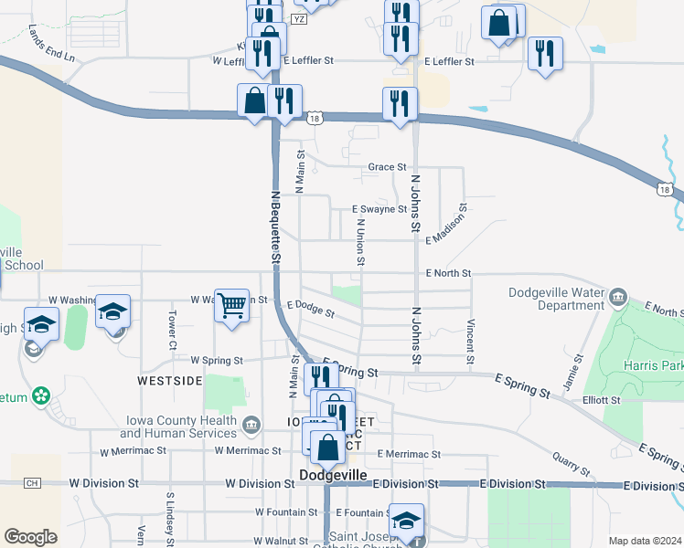 map of restaurants, bars, coffee shops, grocery stores, and more near 134 East North Street in Dodgeville