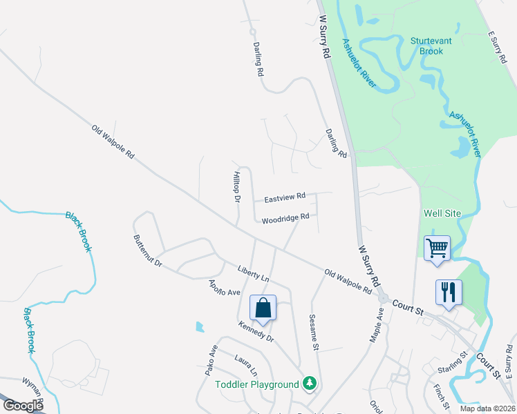 map of restaurants, bars, coffee shops, grocery stores, and more near 17 Hilltop Drive in Keene