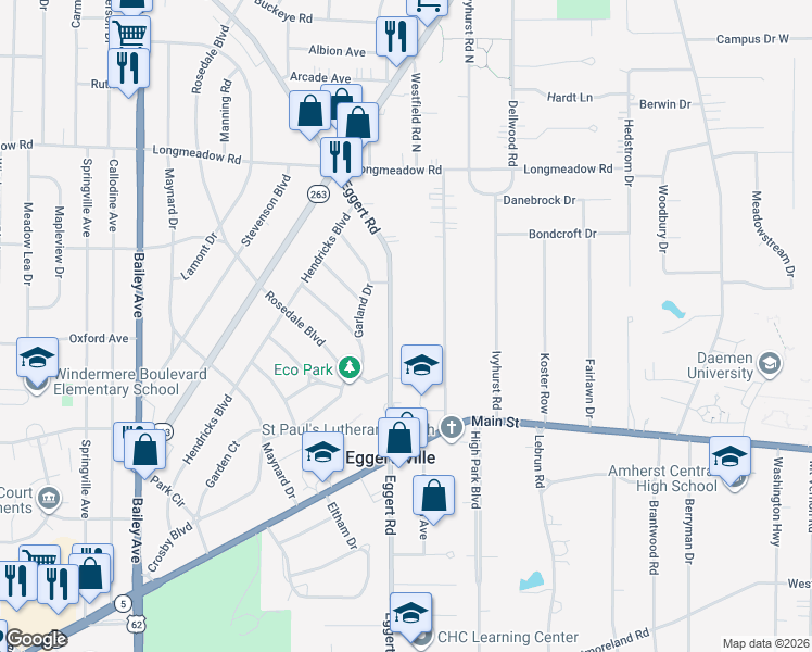 map of restaurants, bars, coffee shops, grocery stores, and more near 1432 Eggert Road in Buffalo