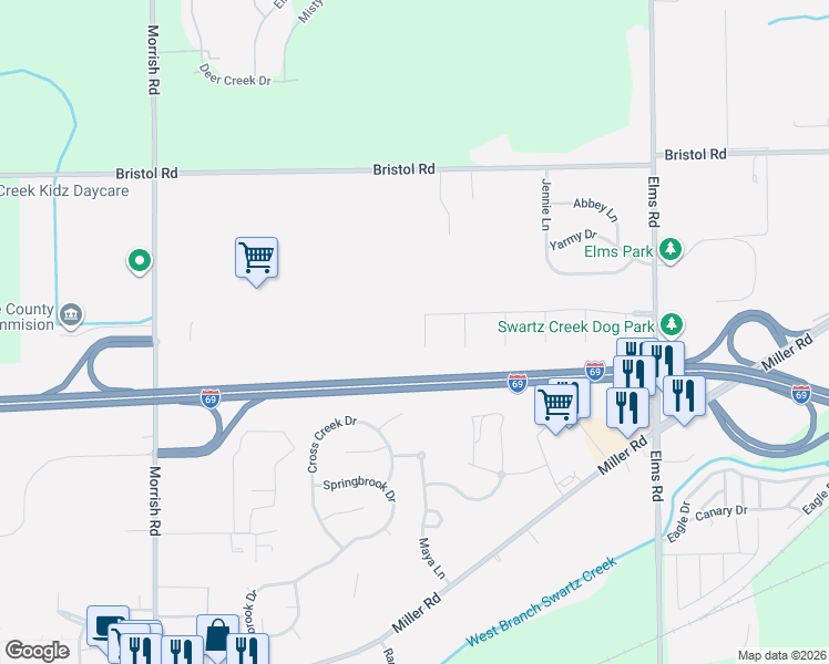 map of restaurants, bars, coffee shops, grocery stores, and more near 7221 Parkridge Parkway in Swartz Creek