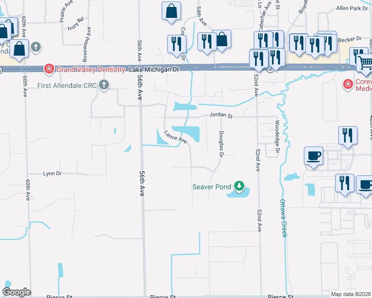 map of restaurants, bars, coffee shops, grocery stores, and more near 10934 Lance Avenue in Allendale Charter Township