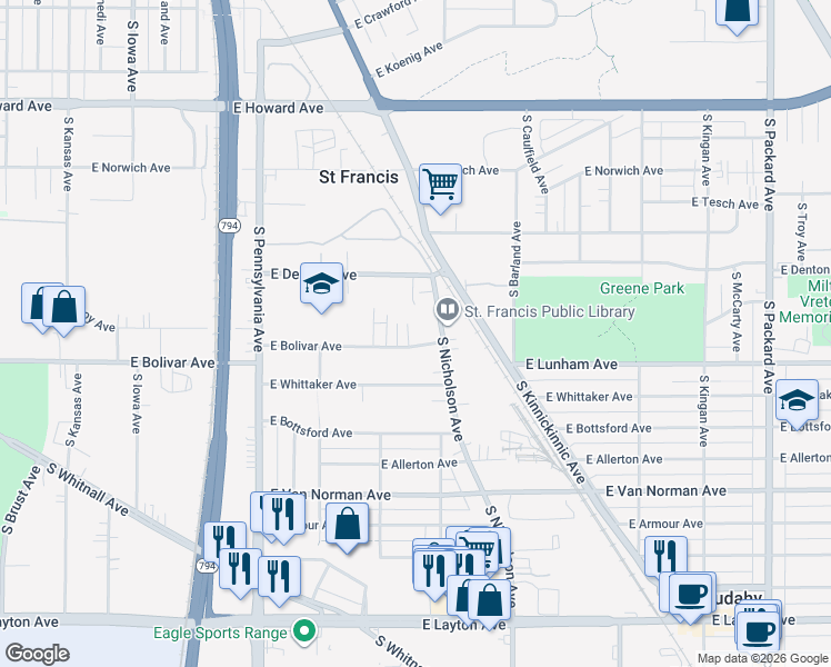 map of restaurants, bars, coffee shops, grocery stores, and more near 4235 South Nicholson Avenue in Saint Francis