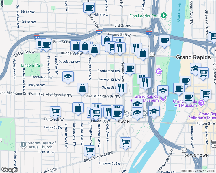 map of restaurants, bars, coffee shops, grocery stores, and more near 200 Gold Avenue Northwest in Grand Rapids