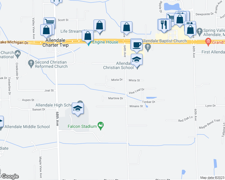map of restaurants, bars, coffee shops, grocery stores, and more near 6530 Mista Court in Allendale Charter Township