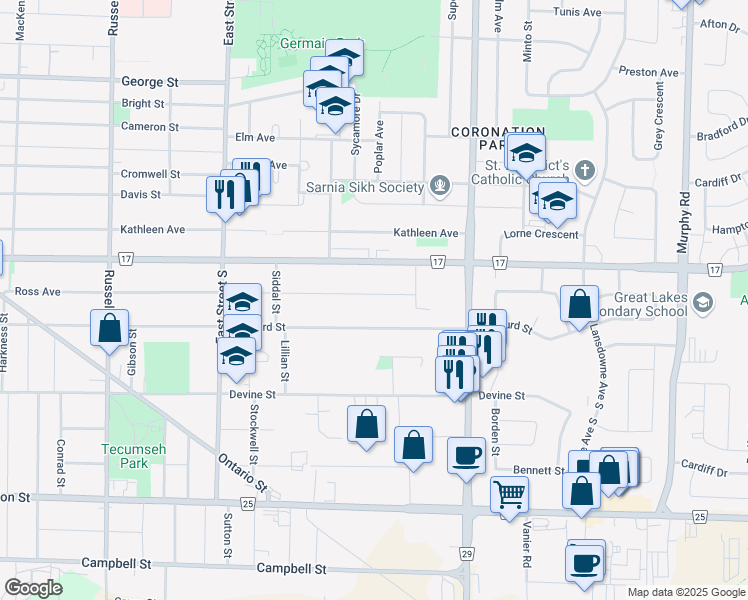 map of restaurants, bars, coffee shops, grocery stores, and more near 839 Ross Avenue in Sarnia