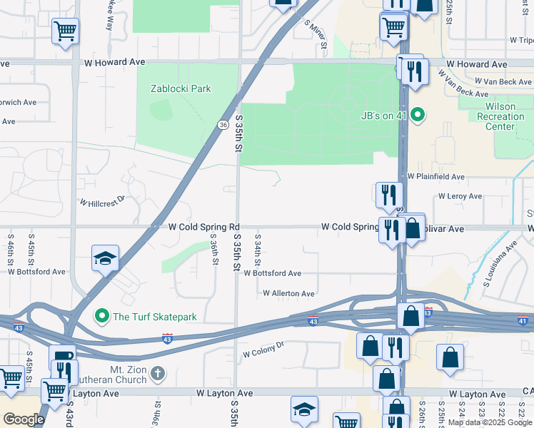 map of restaurants, bars, coffee shops, grocery stores, and more near 3308 West Cold Spring Road in Greenfield