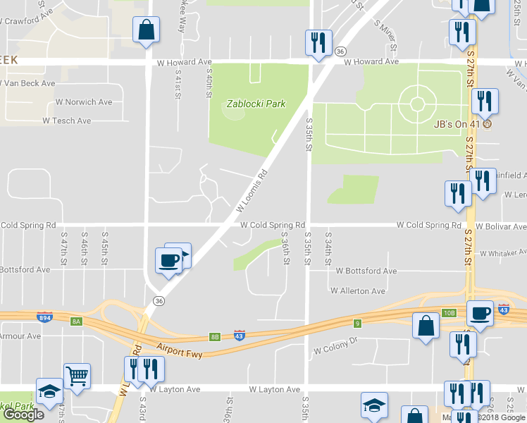 map of restaurants, bars, coffee shops, grocery stores, and more near 4229 South Ridgewood Lane in Greenfield