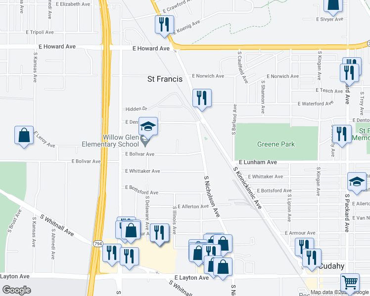 map of restaurants, bars, coffee shops, grocery stores, and more near 2828 East Bolivar Avenue in St. Francis