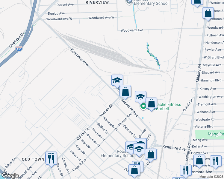 map of restaurants, bars, coffee shops, grocery stores, and more near 1102 Kenmore Avenue in Buffalo