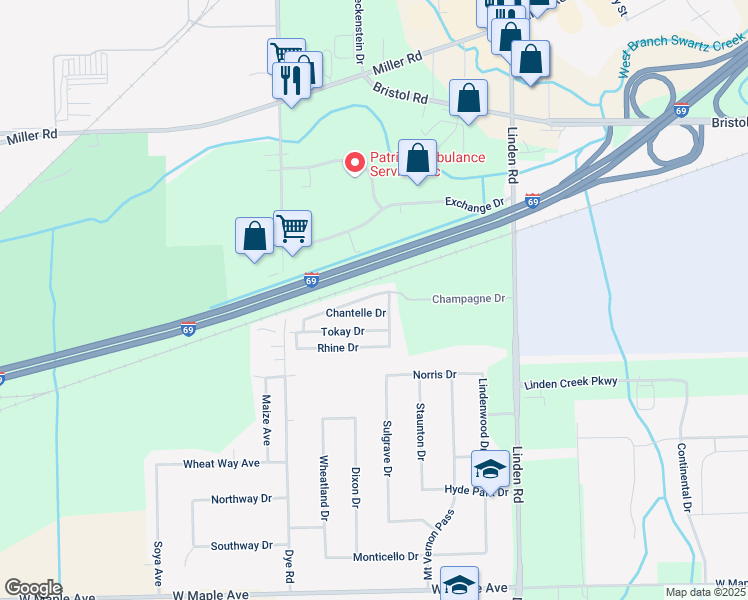 map of restaurants, bars, coffee shops, grocery stores, and more near 5149 Champagne Drive in Flint
