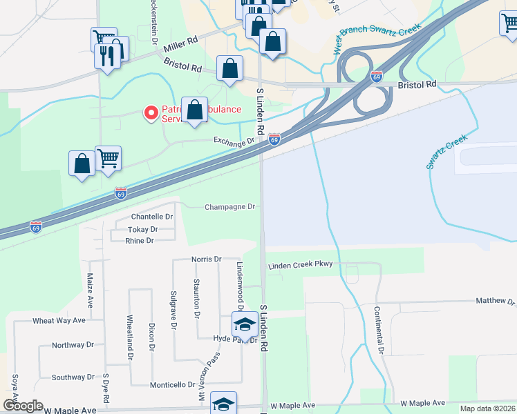 map of restaurants, bars, coffee shops, grocery stores, and more near 4192 South Linden Road in Flint