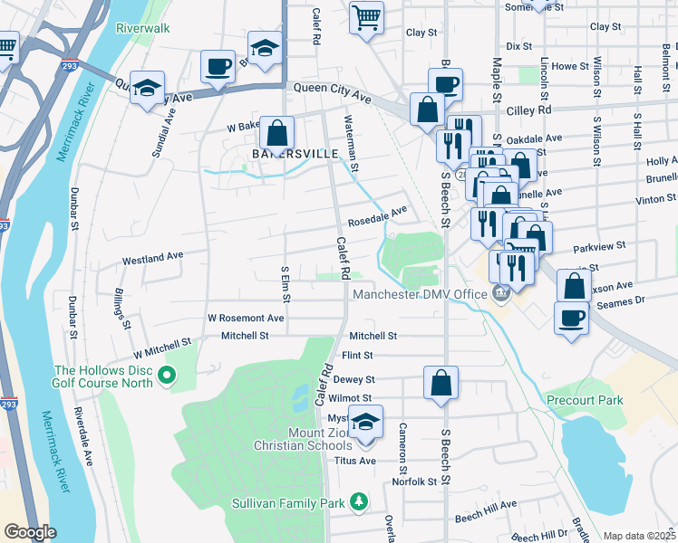 map of restaurants, bars, coffee shops, grocery stores, and more near 329 Calef Road in Manchester