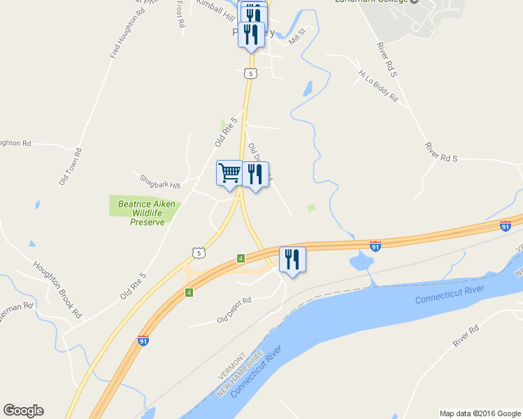 map of restaurants, bars, coffee shops, grocery stores, and more near 48 Old Depot Road in Putney