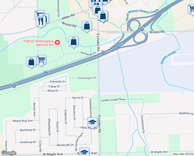map of restaurants, bars, coffee shops, grocery stores, and more near 419 Linden Road in Flint