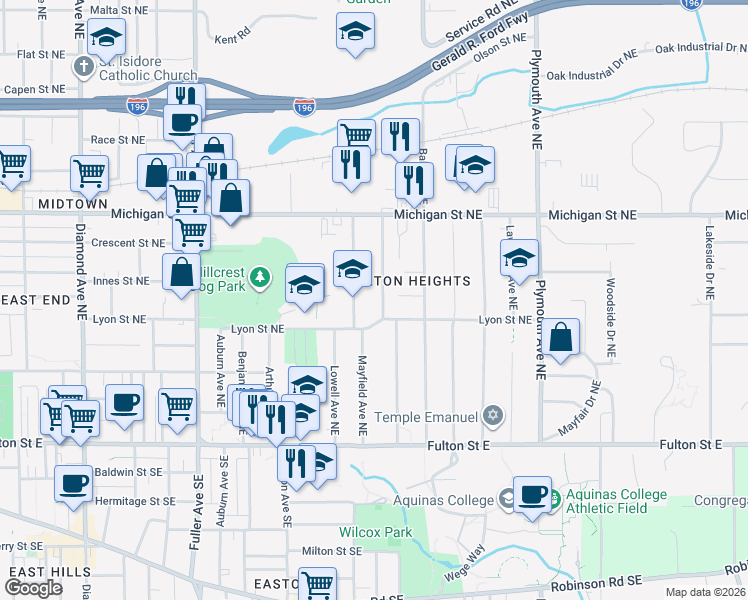 map of restaurants, bars, coffee shops, grocery stores, and more near 225 Baynton Avenue Northeast in Grand Rapids