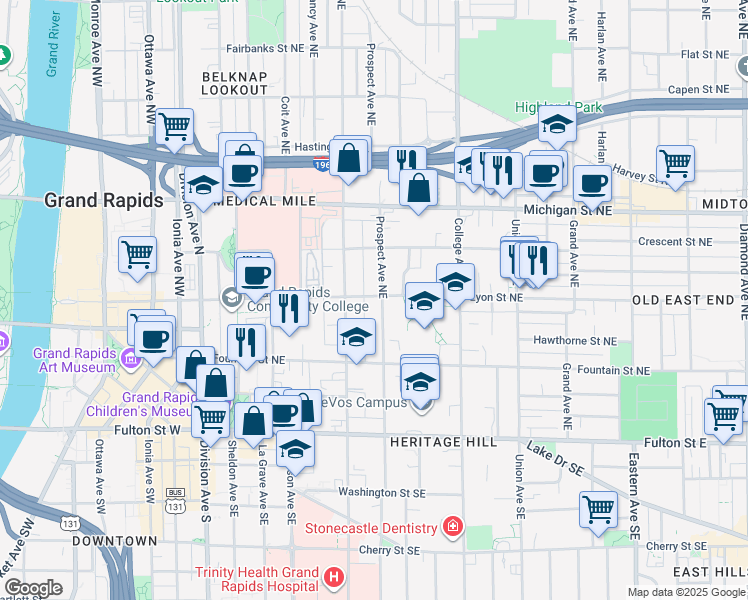 map of restaurants, bars, coffee shops, grocery stores, and more near 335 Lyon Street Northeast in Grand Rapids