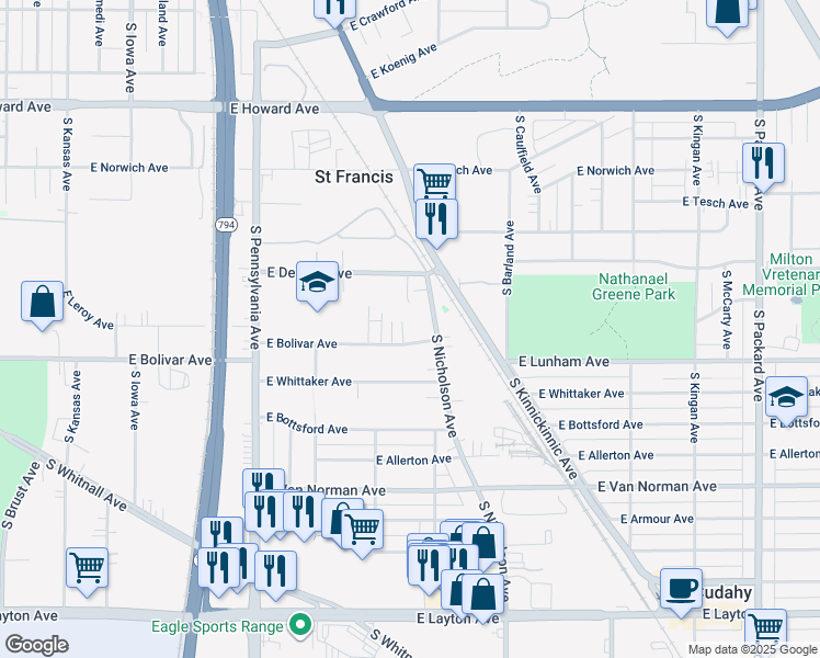 map of restaurants, bars, coffee shops, grocery stores, and more near 4235 South Nicholson Avenue in Saint Francis