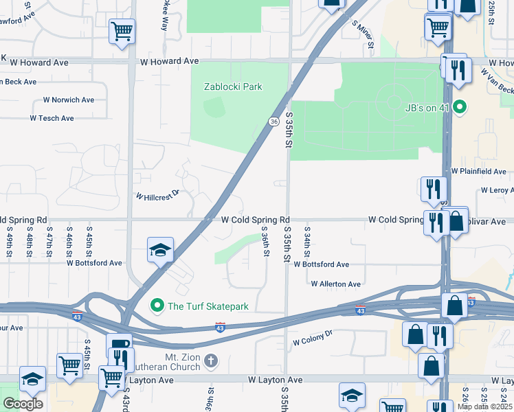 map of restaurants, bars, coffee shops, grocery stores, and more near 3570 West Cold Spring Road in Greenfield