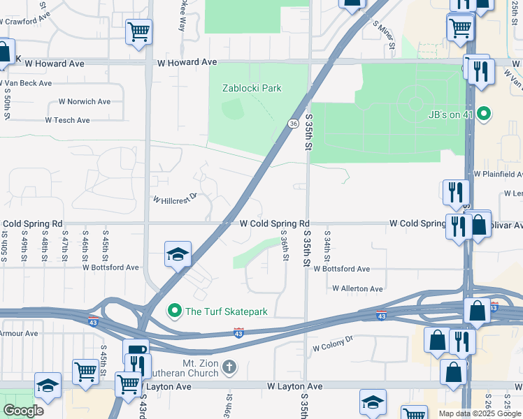 map of restaurants, bars, coffee shops, grocery stores, and more near 4223 Ridgewood Lane in Greenfield