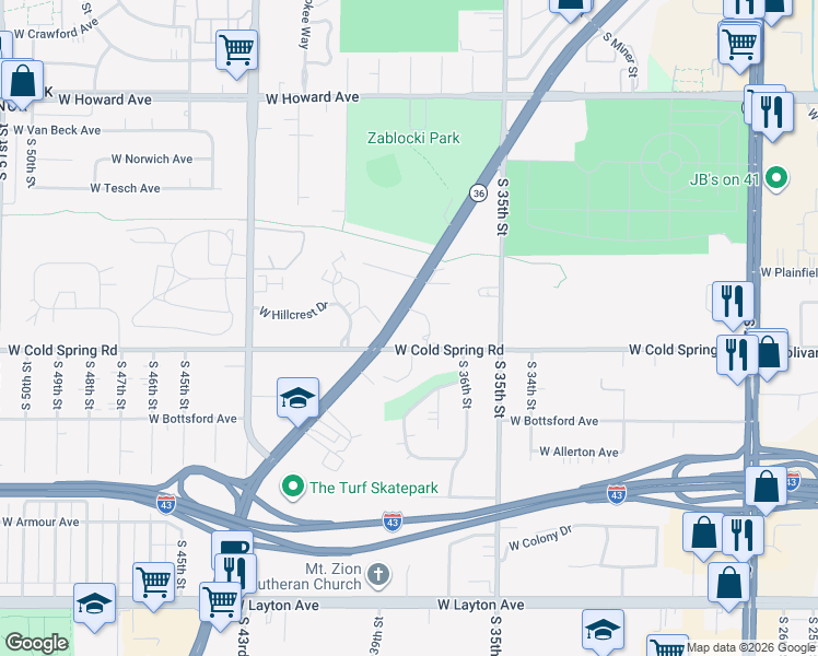 map of restaurants, bars, coffee shops, grocery stores, and more near 4223 Ridgewood Lane in Greenfield