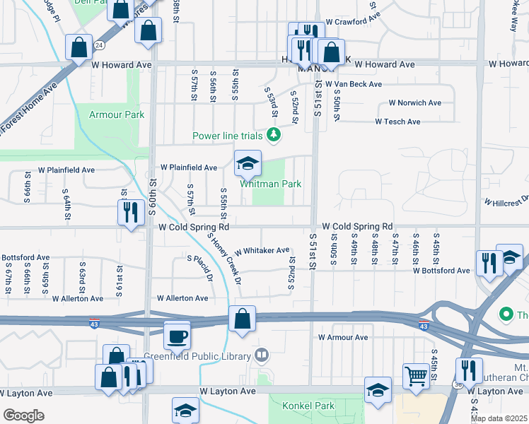map of restaurants, bars, coffee shops, grocery stores, and more near 5235 West Leroy Avenue in Greenfield