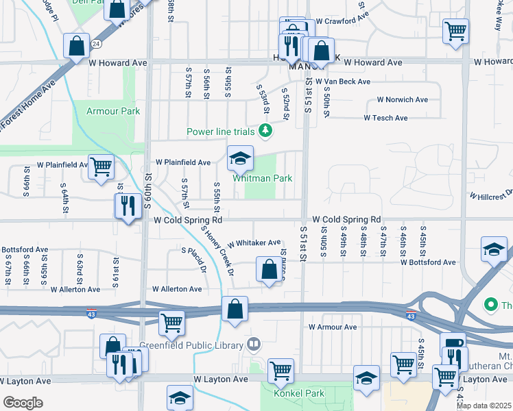 map of restaurants, bars, coffee shops, grocery stores, and more near 5235 West Leroy Avenue in Greenfield