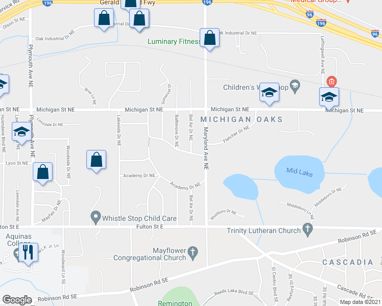map of restaurants, bars, coffee shops, grocery stores, and more near 201 Bel Air Drive Northeast in Grand Rapids