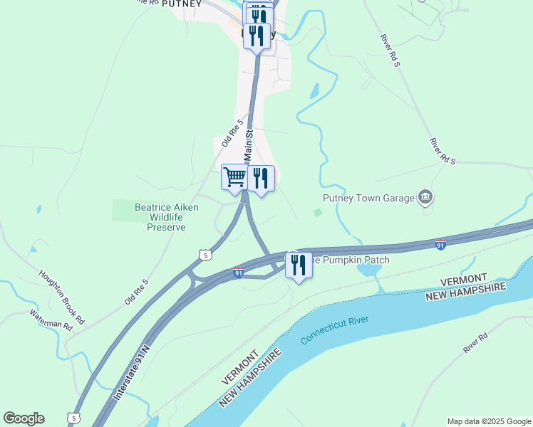 map of restaurants, bars, coffee shops, grocery stores, and more near 48 Old Depot Road in Putney