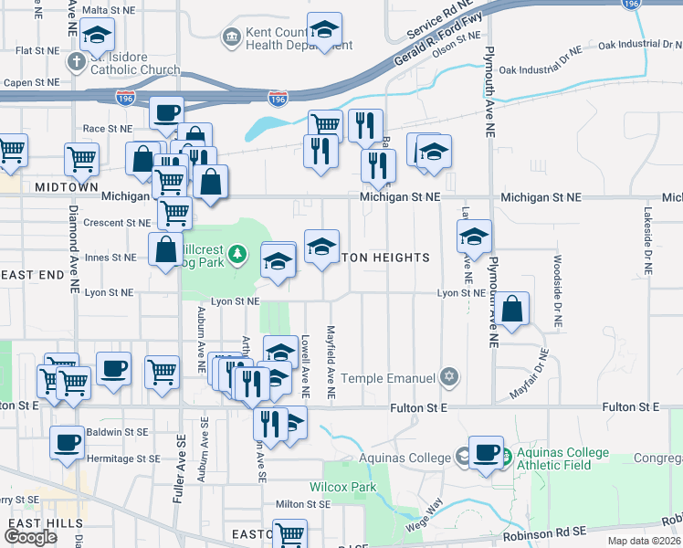 map of restaurants, bars, coffee shops, grocery stores, and more near 225 Baynton Avenue Northeast in Grand Rapids