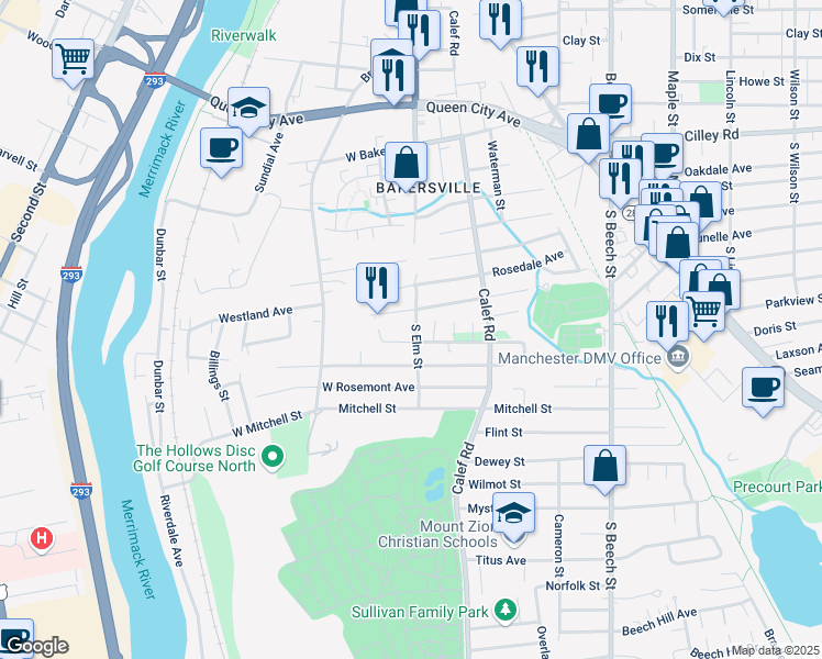 map of restaurants, bars, coffee shops, grocery stores, and more near 286 S Elm St in Manchester