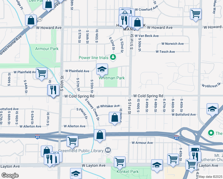 map of restaurants, bars, coffee shops, grocery stores, and more near 5235 West Leroy Avenue in Greenfield