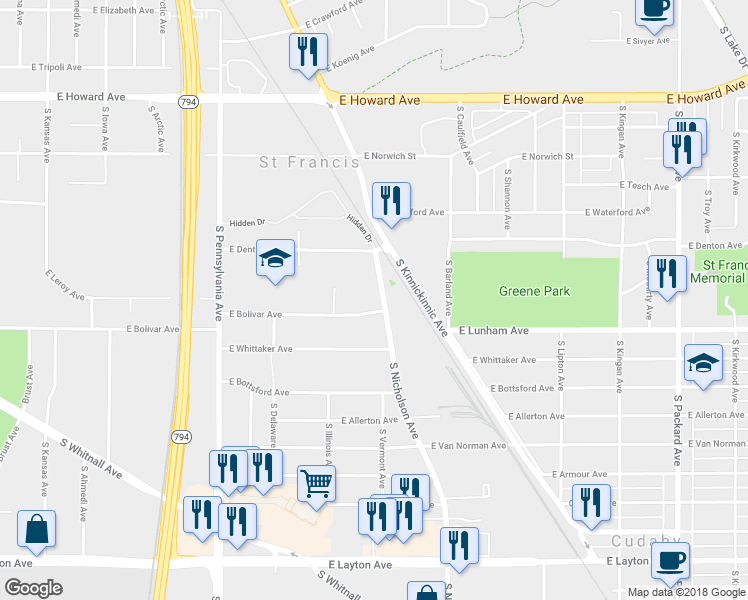 map of restaurants, bars, coffee shops, grocery stores, and more near 4235 South Nicholson Avenue in Saint Francis