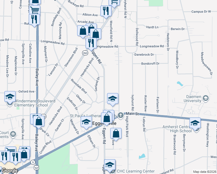 map of restaurants, bars, coffee shops, grocery stores, and more near 1432 Eggert Road in Buffalo