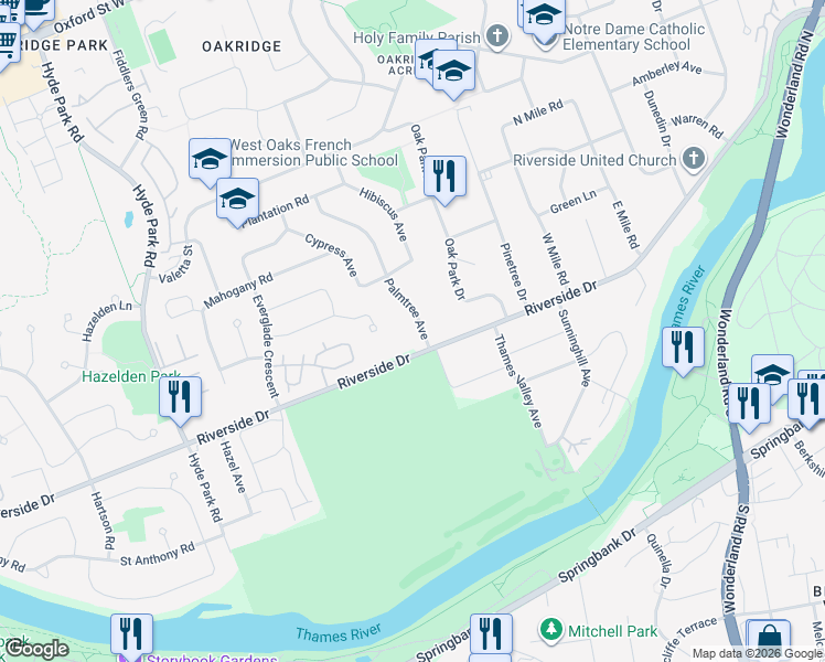 map of restaurants, bars, coffee shops, grocery stores, and more near 895 Riverside Drive in London