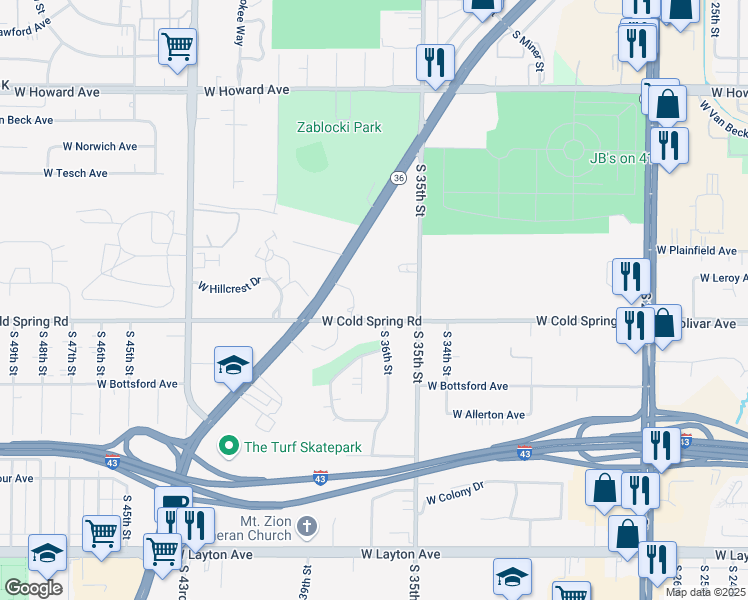 map of restaurants, bars, coffee shops, grocery stores, and more near 3570 West Cold Spring Road in Greenfield