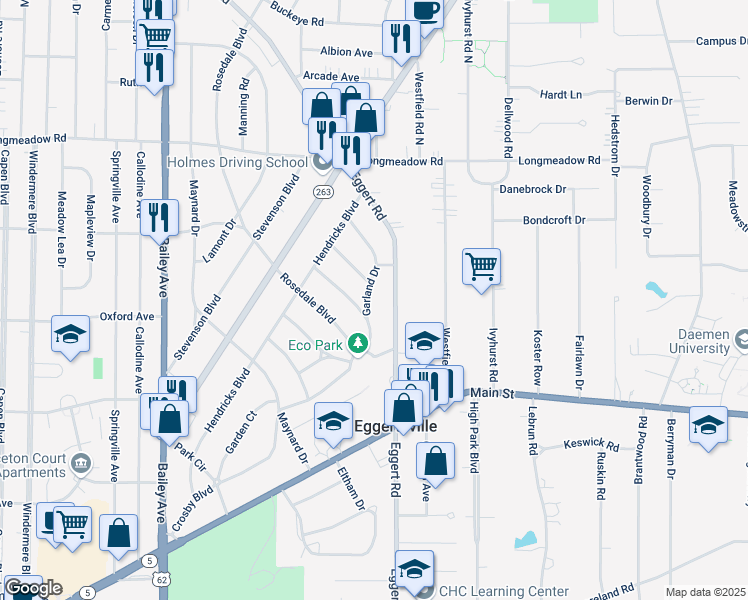 map of restaurants, bars, coffee shops, grocery stores, and more near 62 Garland Drive in Buffalo
