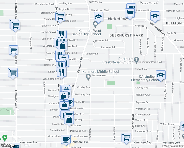 map of restaurants, bars, coffee shops, grocery stores, and more near 60 Nassau Avenue in Kenmore