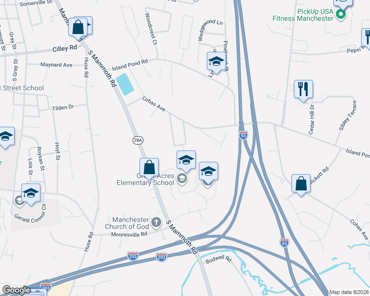 map of restaurants, bars, coffee shops, grocery stores, and more near 147 Greenwood Court in Manchester