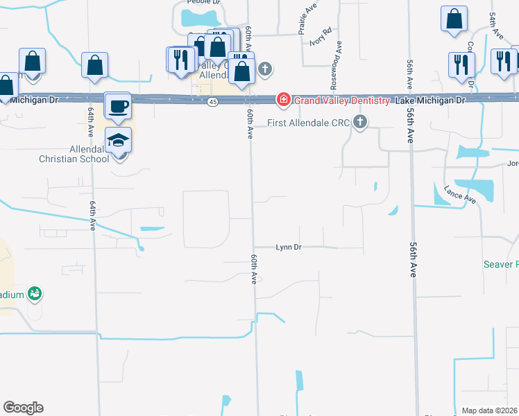 map of restaurants, bars, coffee shops, grocery stores, and more near 10954 60th Avenue in Allendale Charter Township