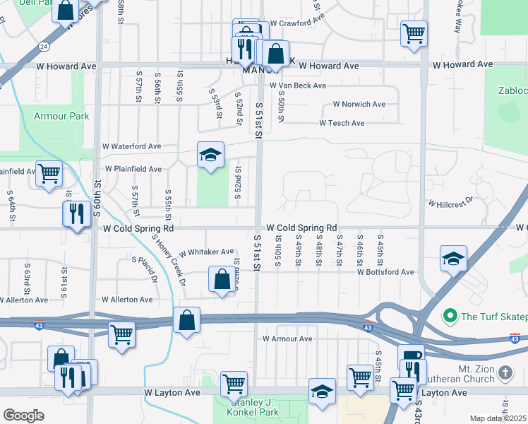 map of restaurants, bars, coffee shops, grocery stores, and more near 4244 South 51st Street in Milwaukee